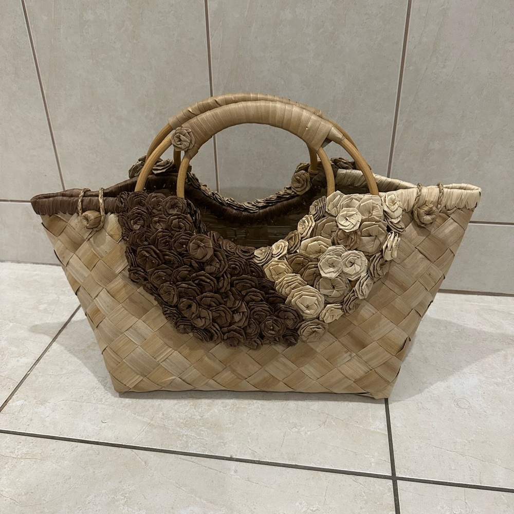 Anthropologie Woven Straw Tote with Floral Accents Bali